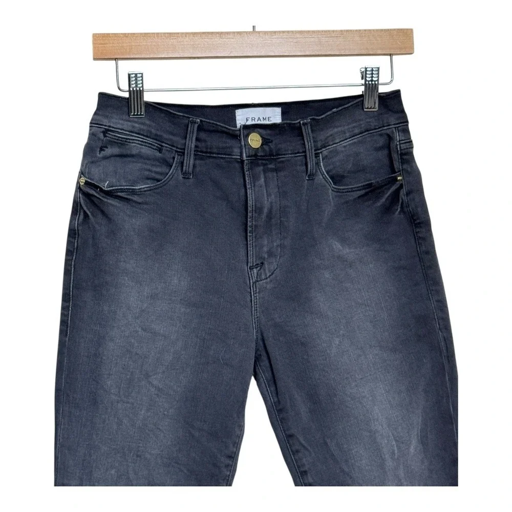FRAME Le High Straight Ankle Jeans Black Distressed Frayed‎ Hem Size 28 - Picture 4 of 11